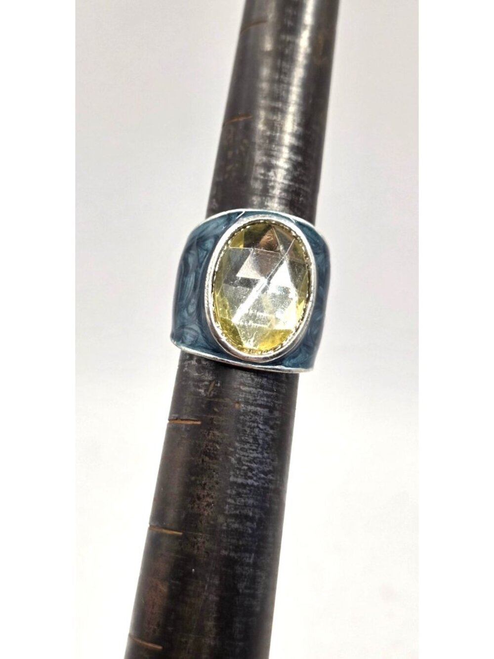 Swirled Blue Resin & Yellow Faceted Gemstone Statement Ring Size 7